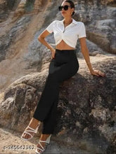 Black viscose rayon regular fit trousers for women, solid pattern, versatile size options including 26, 28, 30, 32, 34 inches